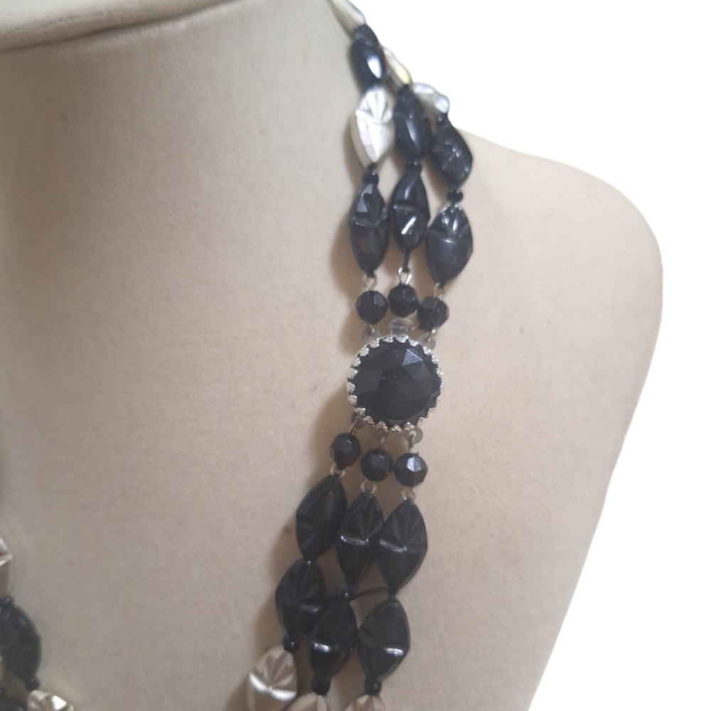 Vintage West Germany Black & Silver Acrylic Triple Strand Beaded Necklace 18" - Picture 2 of 7